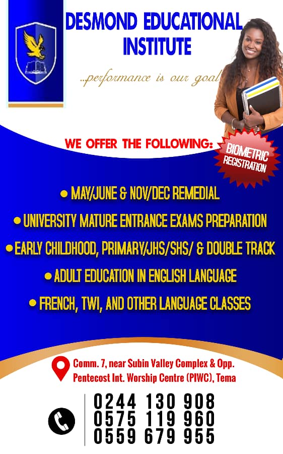 Desmond Educational Institute programmes flyer with course offerings, address and contact numbers